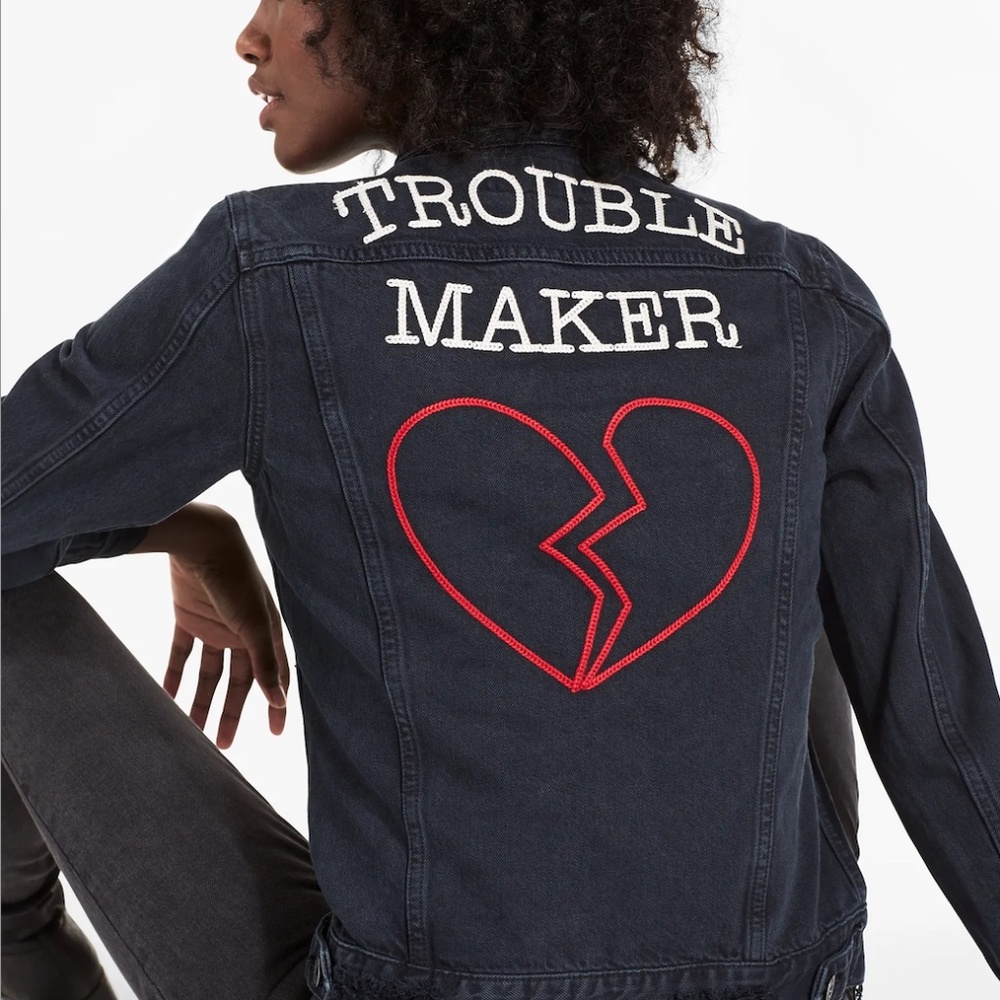 Lucky Brand Denim Jacket Womens Medium Jean Trucker Distressed Trouble Maker
